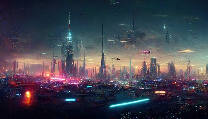 Neon night city futuristic sci-fi, cyberpunk city - obrazy, fototapety, plakaty