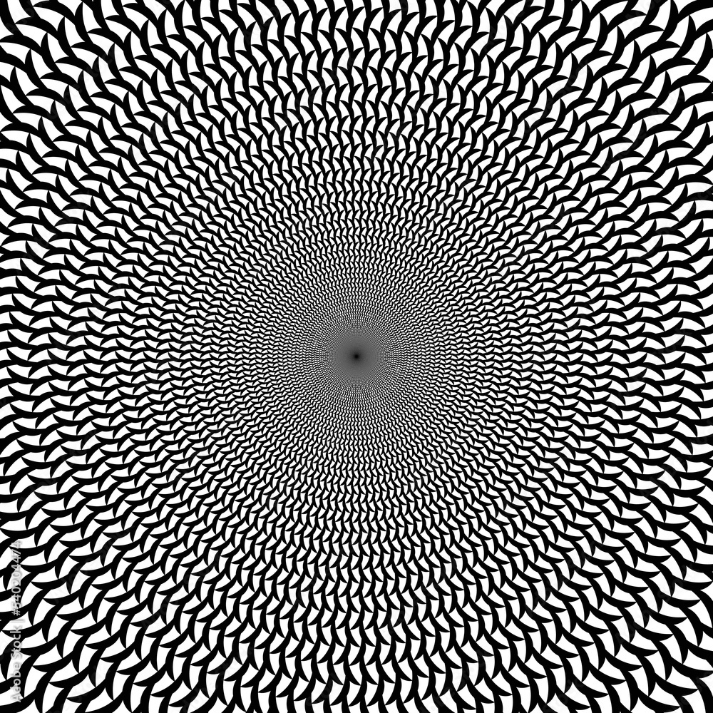 Poster black waves lines in circle as background. optical illusion effect.