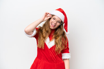 Young caucasian woman with Christmas dress isolated on white background with glasses and happy