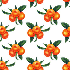 Branches with ripe bright tangerines. Watercolor seamless pattern.