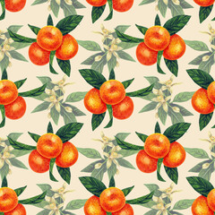 Branches of ripe tangerines with green leaves, a flowering branch in the background. Watercolor seamless pattern. Light tropical print.