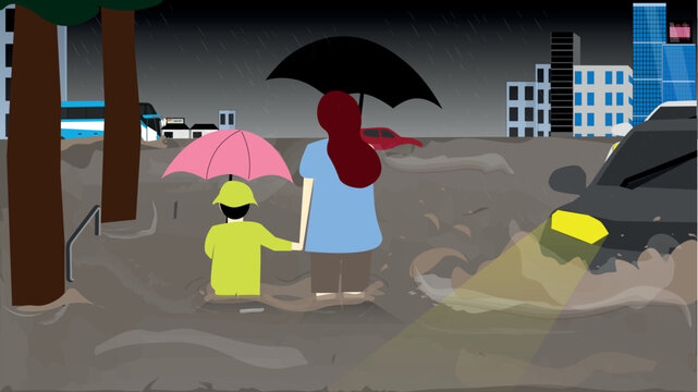 Vector illustration of city flood with person using umbrella with her child