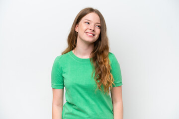 Young pretty woman isolated on white background thinking an idea while looking up