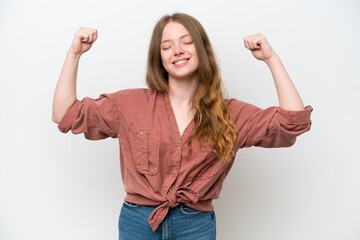 Young pretty woman isolated on white background doing strong gesture