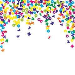 Falling letters of English language. Colorful flying words of Latin alphabet. Foreign languages study concept. Tempting back to school banner on white background.