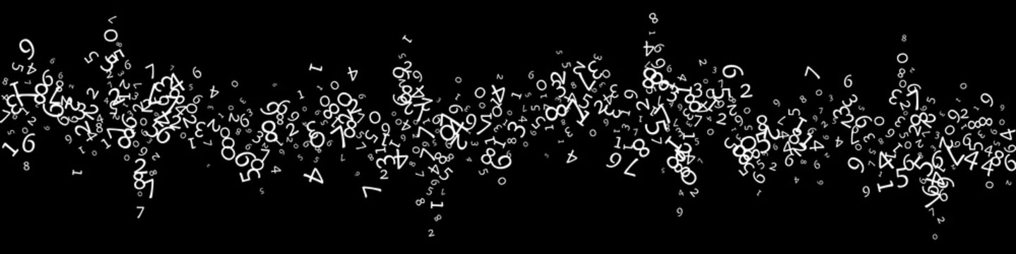 Falling numbers, big data concept. Binary white messy flying digits. Immaculate futuristic banner on black background. Digital vector illustration with falling numbers.