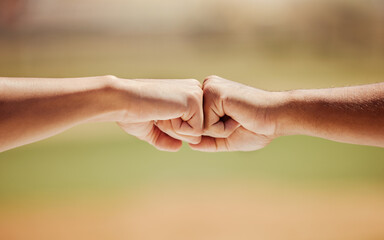 Success, support and hands giving fist bump for motivation, celebration and teamwork in goal...