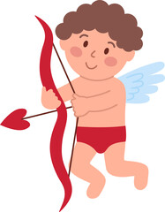 Cupid shoots a bow isolated on white background. Cute little amur, angel for valentine's day flat vector illustration