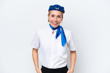 Airplane blonde stewardess woman isolated on white background laughing