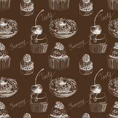 Sweet food seamless pattern with cakes, donuts, cupcakes. Pastry hand drawn illustrations. On a dark brown background. Texture for wallpaper, fills, wrapping paper.