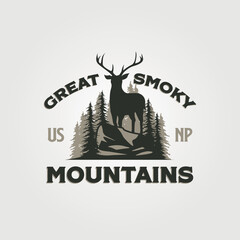 great smoky mountain vintage outdoor logo design with antler symbol on the hill