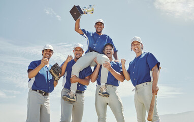 Baseball team, winner men or trophy success in fitness game, workout match or competition exercise....