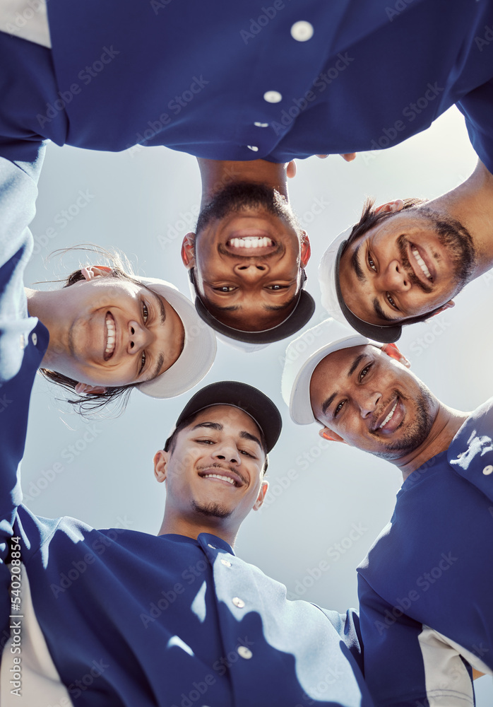 Sticker Team huddle, baseball and baseball player, fitness and men, diversity and support, sports game and trust, smile in portrait. Young, strong and athlete, sport training and exercise during active life.