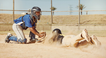 Baseball, baseball player and diving on home plate sand of field ground sports pitch on athletic...