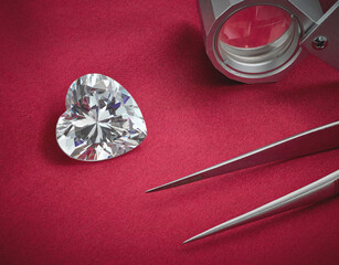 Valentine's Day Diamond Heart Shape on Romantic Red Background.