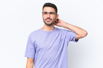 Fototapeta premium Young caucasian man isolated on white background having doubts