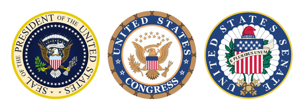 Seal of the President of the United States. US Congress logo. United States Senate