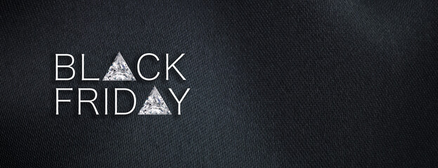 Black Friday Diamond Jewellery Banner. Promotional Sale Illustration with Words on Black Background. 