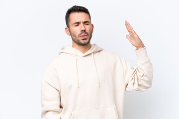 Young caucasian man isolated on white background with tired and sick expression