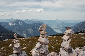 Wide panoramic beautiful view from Dachstein on a sunny day with the stone pyramid. Austrian Alps. Viewpoint 5 Fingers  