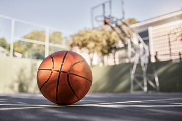 Basketball court, ball and sports match or competition game for fitness, exercise and training in...