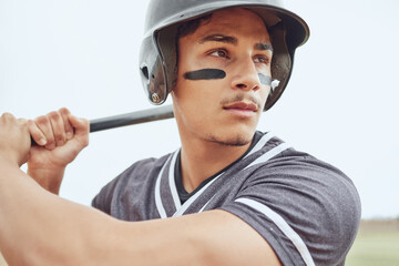 Baseball player, focus and sports man with bat ready for game competition, exercise workout or...