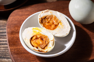 preserved Salted duck eggs with egg yolk on table