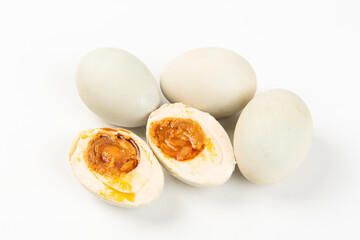 preserved Salted duck eggs with egg yolk on white background