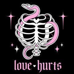 Y2k emo goth aesthetic print with skeleton and slogan: love hurts. Vintage pink sticker isolated on black. Graphic Vector icon. Weird 2000s style.