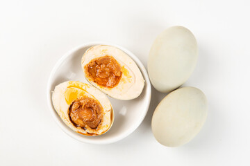 preserved Salted duck eggs with egg yolk on white background