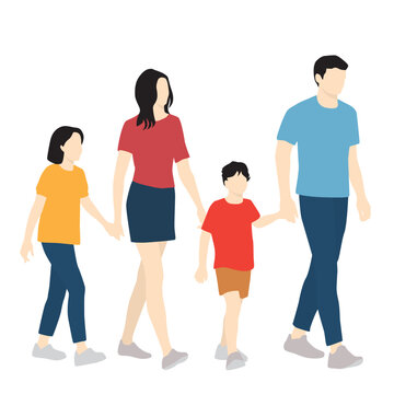 Set of young man, woman and children, family, different colors, a cartoon character, a group of silhouettes of walking people, parents with their son and daughter, design concept of flat icon isolated