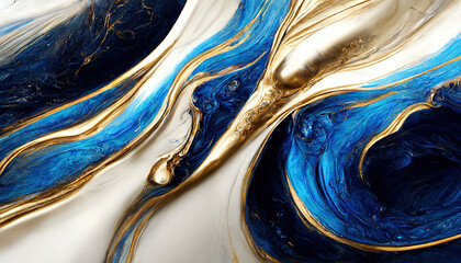 Abstract luxury marble background. Digital art marbling texture. Blue, gold and white colors. 4 k wallaper