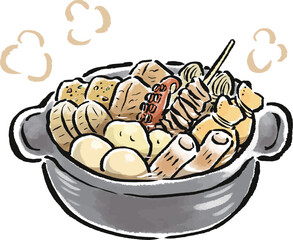 鍋で煮込んだおでん　筆タッチイラスト