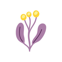 Vector illustration with purple twigs of leaves and pale yellow berries and flowers in a flat handmade style