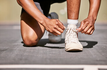 Man, shoes and laces getting ready for basketball match, game or competition while outdoor in...