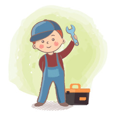 Repairman kid with wrench. Mechanic vector illustration. Career day in kindergarten. Repairman isolated vector illustration. Flat kid character. Worker child with tool kit. 