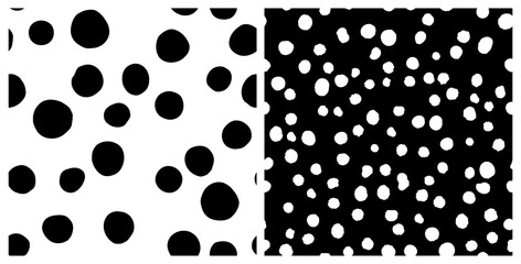 Set of irregular polka dot seamless repeat pattern. Bundle of random round geometrical shapes all over surface print in black and white. - obrazy, fototapety, plakaty