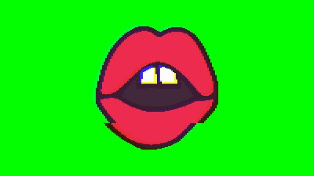Open mouth or lips with glitch effect on green background. Emoji motion graphics.