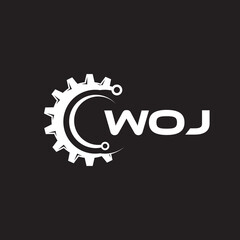 WOJ letter technology logo design on black background. WOJ creative initials letter IT logo concept. WOJ setting shape design.
