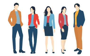 Obraz premium Set of young men and women, different colors, cartoon character, group of silhouettes of standing business people, students, the design concept of flat icon, isolated on white background