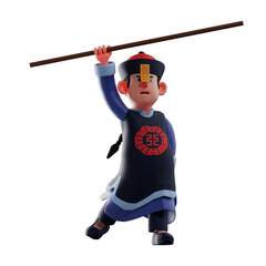 3D illustration. 3D Vampire cartoon as a talented kung fu athlete. with the pose lifting the stick up. showing cool moves. 3D Cartoon Character