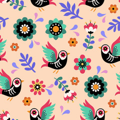 Mexican pattern. Vector cartoon seamless pattern with decorative flowers and bird skeletons. Isolated on a light background