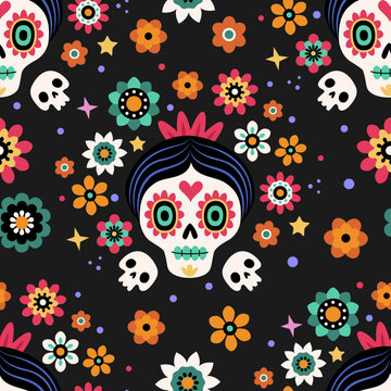 Day Off The Dead pattern. Vector cartoon seamless pattern with Mexican traditional festive character Catrina surrounded by decorative flowers. Isolated on black background