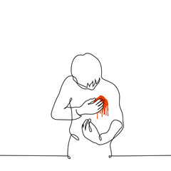 man looks at the blood on his chest in the region of the heart - one line drawing vector. concept a bleeding wound or a metaphor for a man's heart broken from non-reciprocal love or betrayal