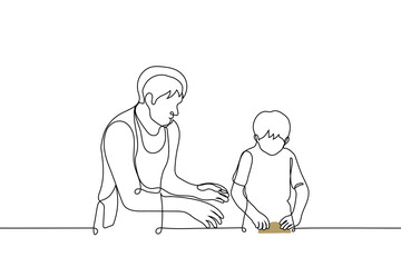 teacher helps child to sculpt from clay - one line drawing vector. concept adult (guardian, parent, teacher, artisan, cook) teaches pottery or cooking (kneading dough)