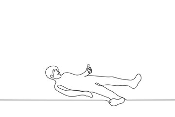 lying man showing thumbs up - one line drawing vector. concept positivity in a desperate situation, tired but motivated - obrazy, fototapety, plakaty
