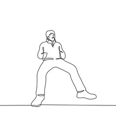 man sits in a jacket with his legs wide apart - one line drawing vector. concept manspreading