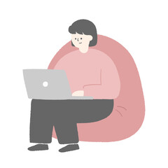 Hand drawn illustration of a woman working on the laptop.
