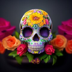 Day of the dead, Dia de los Muertos. Mexican tradition festival. Skulls and colorful marigold flowers. 