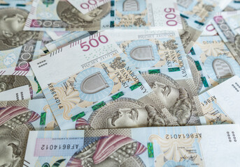 500 Polish zloty banknotes. PLN zł or złoty, the official currency of Poland. Five hundred złotych notes, paper bills obverse.